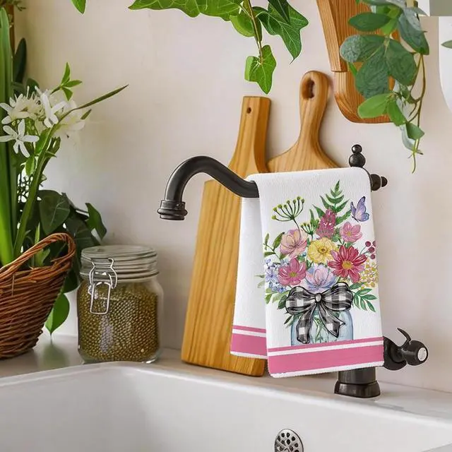 Alt view image 7 of 7 - Summer Wildflower Kitchen Towels, Butterfly Dish Towels Set of 2, Spring Watercolor Pink Floral Farmhouse 18 x 26 Inch Hand Towel Quick Drying Dishcloth Decor for Kitchen Bathroom Home