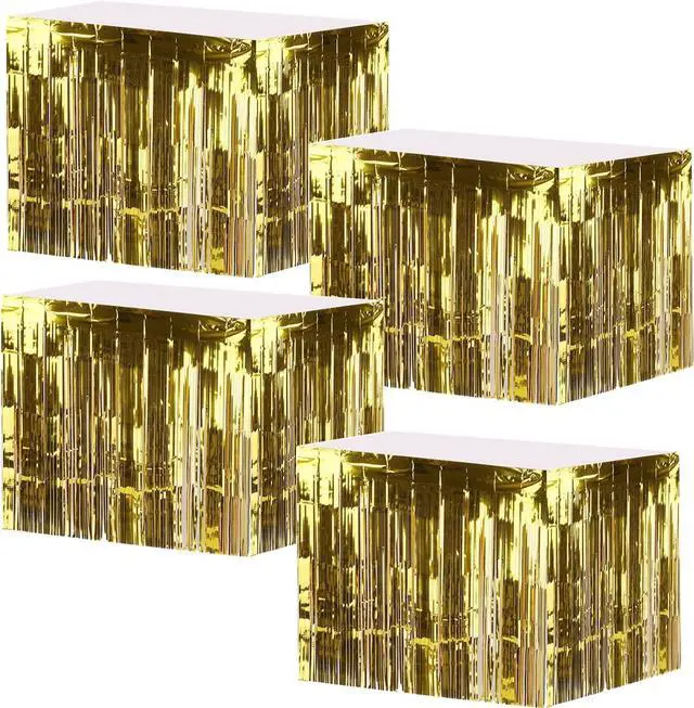 Main image of Yopay 4 Pack Metallic Foil Fringe Table Skirt, Gold Shiny Tinsel Tassle Banner for Mardi Gras, Bridal Shower, Wedding, Party Decoration, 108" X 29"/ Each Table Skirt