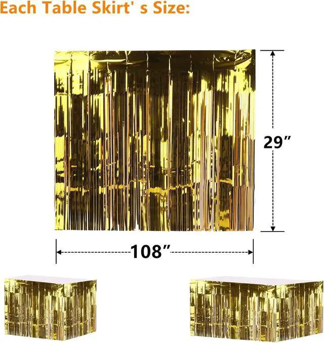 Alt view image 2 of 7 - Yopay 4 Pack Metallic Foil Fringe Table Skirt, Gold Shiny Tinsel Tassle Banner for Mardi Gras, Bridal Shower, Wedding, Party Decoration, 108" X 29"/ Each Table Skirt