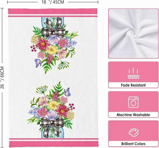Alt view image 5 of 7 - Summer Wildflower Kitchen Towels, Butterfly Dish Towels Set of 2, Spring Watercolor Pink Floral Farmhouse 18 x 26 Inch Hand Towel Quick Drying Dishcloth Decor for Kitchen Bathroom Home