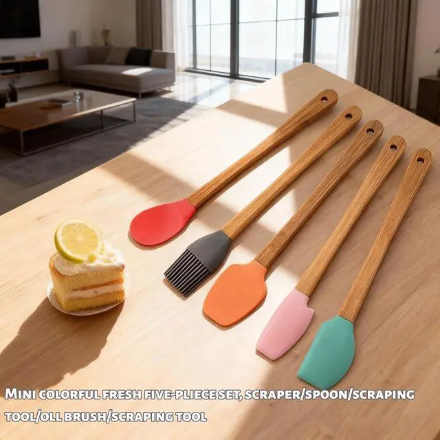Alt view image 5 of 7 - 5 Piece Silicone Spatulas,Mini Rubber Spatula Bamboo Handle,Heat Resistant Silicone Set,Non-Stick Kitchen Utensils For Baking,Cooking and Stir(colorful)