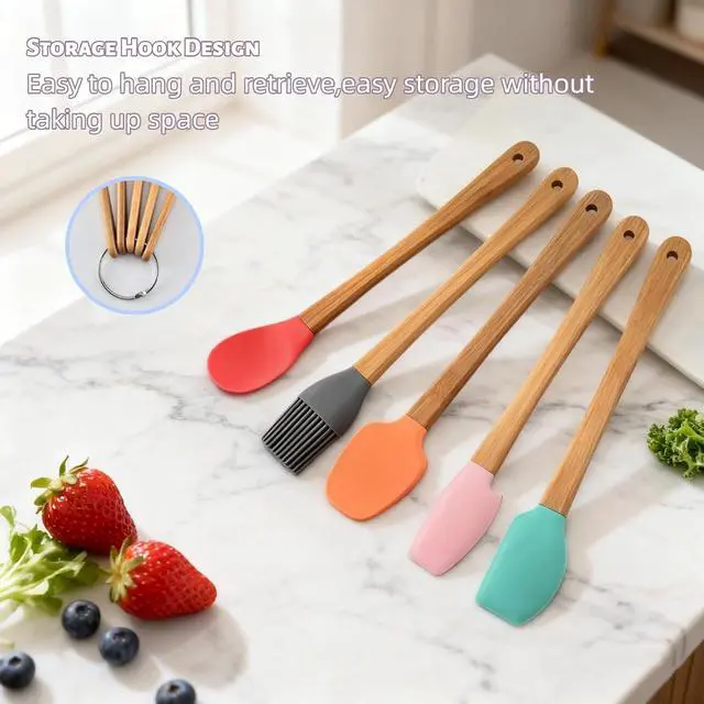 Alt view image 7 of 7 - 5 Piece Silicone Spatulas,Mini Rubber Spatula Bamboo Handle,Heat Resistant Silicone Set,Non-Stick Kitchen Utensils For Baking,Cooking and Stir(colorful)