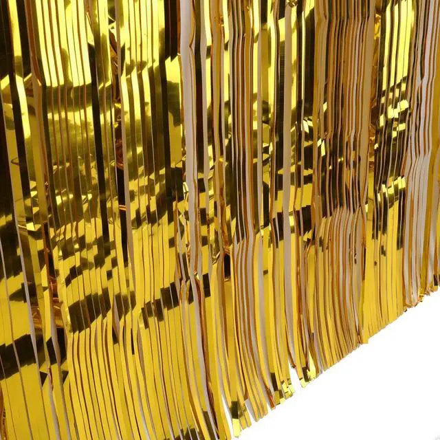 Alt view image 4 of 7 - Yopay 4 Pack Metallic Foil Fringe Table Skirt, Gold Shiny Tinsel Tassle Banner for Mardi Gras, Bridal Shower, Wedding, Party Decoration, 108" X 29"/ Each Table Skirt
