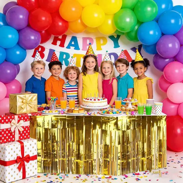 Alt view image 5 of 7 - Yopay 4 Pack Metallic Foil Fringe Table Skirt, Gold Shiny Tinsel Tassle Banner for Mardi Gras, Bridal Shower, Wedding, Party Decoration, 108" X 29"/ Each Table Skirt