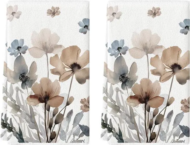 Main image of Artoid Mode Brown Poppy Floral Leaves Spring Kitchen Towels Dish Towels, 18x26 Inch Seasonal Summer Decoration Hand Towels Set of 2