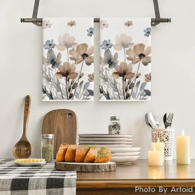 Alt view image 2 of 6 - Artoid Mode Brown Poppy Floral Leaves Spring Kitchen Towels Dish Towels, 18x26 Inch Seasonal Summer Decoration Hand Towels Set of 2