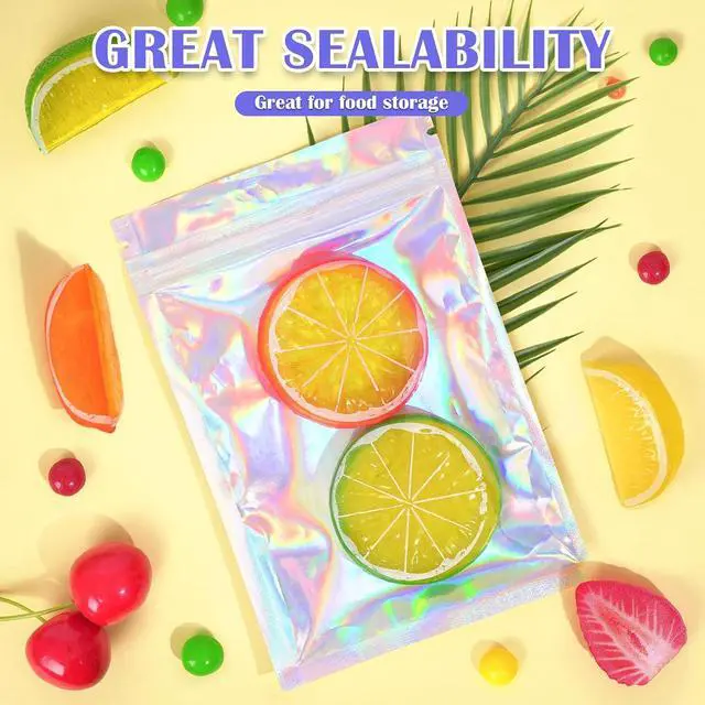 Alt view image 3 of 6 - JETMORE Holographic Bags, 2.4x3.9in Cupcake Packaging, 100 PCS Mylar Bags | Candy bags with front window, resealable bags suit favors, samples and party orders, treat bags for packing and display