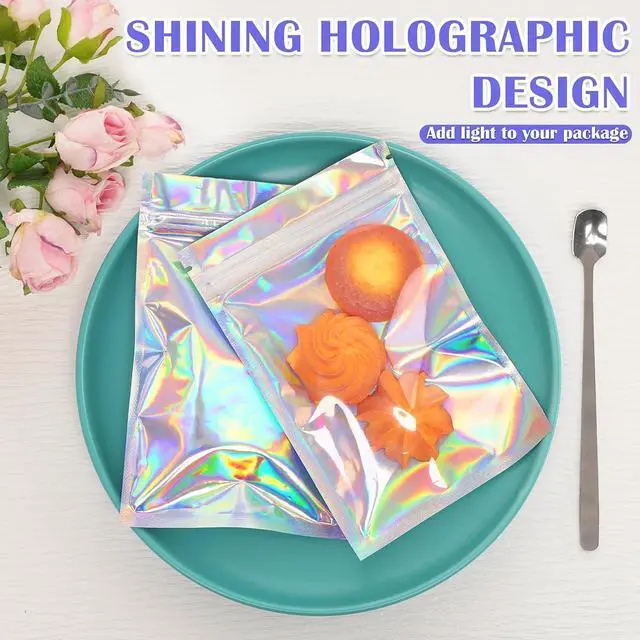 Alt view image 2 of 6 - JETMORE Holographic Bags, 2.4x3.9in Cupcake Packaging, 100 PCS Mylar Bags | Candy bags with front window, resealable bags suit favors, samples and party orders, treat bags for packing and display