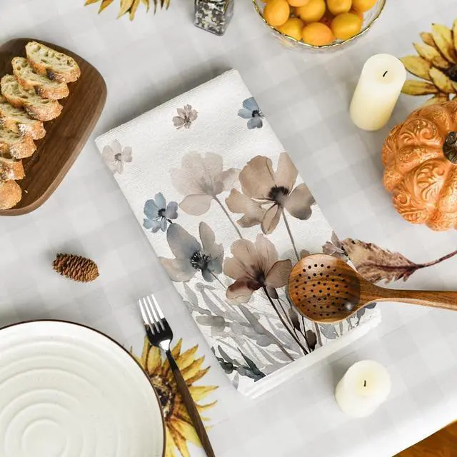 Alt view image 4 of 6 - Artoid Mode Brown Poppy Floral Leaves Spring Kitchen Towels Dish Towels, 18x26 Inch Seasonal Summer Decoration Hand Towels Set of 2