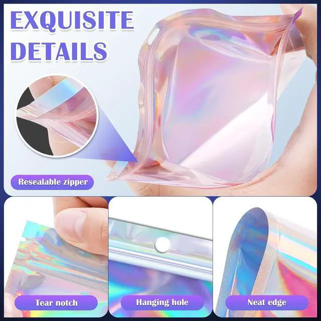 Alt view image 5 of 6 - JETMORE Holographic Bags, 2.4x3.9in Cupcake Packaging, 100 PCS Mylar Bags | Candy bags with front window, resealable bags suit favors, samples and party orders, treat bags for packing and display