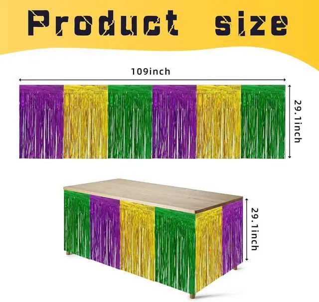 Alt view image 2 of 7 - codree 2 PCS Mardi Gras Party Table Skirt- 29 x 109 Inch Mardi Gras Metallic Fringe Table Skirts-Purple Gold Green Tinsel Foil Fringe Decoration for Mardi Gras Holiday New Orleans Masquerade Party