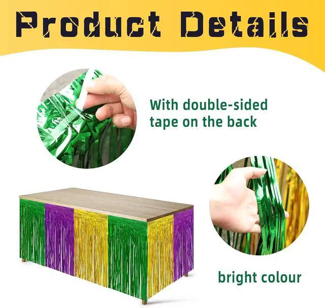 Alt view image 3 of 7 - codree 2 PCS Mardi Gras Party Table Skirt- 29 x 109 Inch Mardi Gras Metallic Fringe Table Skirts-Purple Gold Green Tinsel Foil Fringe Decoration for Mardi Gras Holiday New Orleans Masquerade Party
