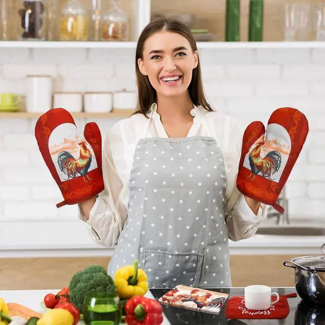 Alt view image 2 of 6 - Leinuosen 6 Christmas Red Rooster Farmhouse Kitchen Decor Dish Towels Oven Mitts and Pot Holders Sets Chicken Kitchen Towels Absorbent Decorative Accessories for Cooking Baking Grilling