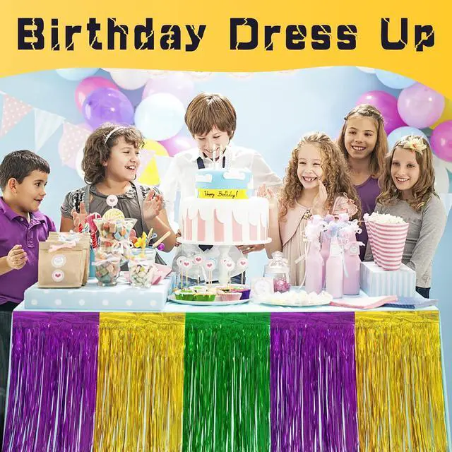 Alt view image 5 of 7 - codree 2 PCS Mardi Gras Party Table Skirt- 29 x 109 Inch Mardi Gras Metallic Fringe Table Skirts-Purple Gold Green Tinsel Foil Fringe Decoration for Mardi Gras Holiday New Orleans Masquerade Party