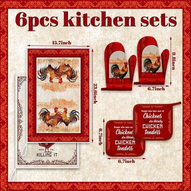 Alt view image 3 of 6 - Leinuosen 6 Christmas Red Rooster Farmhouse Kitchen Decor Dish Towels Oven Mitts and Pot Holders Sets Chicken Kitchen Towels Absorbent Decorative Accessories for Cooking Baking Grilling