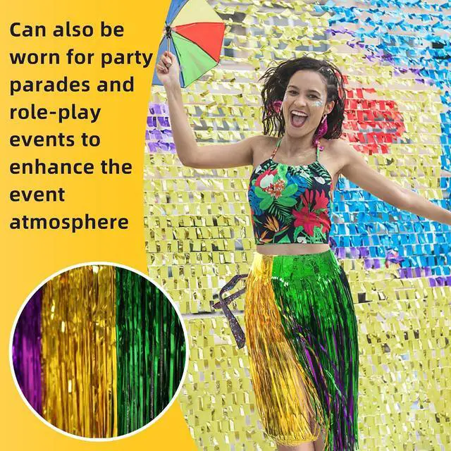 Alt view image 6 of 7 - codree 2 PCS Mardi Gras Party Table Skirt- 29 x 109 Inch Mardi Gras Metallic Fringe Table Skirts-Purple Gold Green Tinsel Foil Fringe Decoration for Mardi Gras Holiday New Orleans Masquerade Party