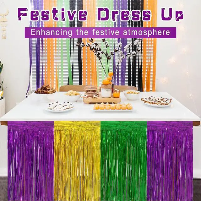 Alt view image 7 of 7 - codree 2 PCS Mardi Gras Party Table Skirt- 29 x 109 Inch Mardi Gras Metallic Fringe Table Skirts-Purple Gold Green Tinsel Foil Fringe Decoration for Mardi Gras Holiday New Orleans Masquerade Party