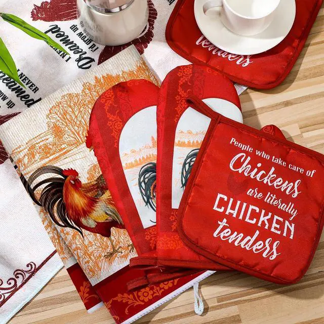 Alt view image 4 of 6 - Leinuosen 6 Christmas Red Rooster Farmhouse Kitchen Decor Dish Towels Oven Mitts and Pot Holders Sets Chicken Kitchen Towels Absorbent Decorative Accessories for Cooking Baking Grilling