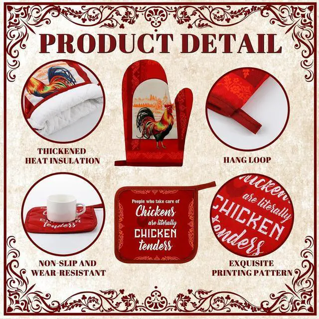 Alt view image 5 of 6 - Leinuosen 6 Christmas Red Rooster Farmhouse Kitchen Decor Dish Towels Oven Mitts and Pot Holders Sets Chicken Kitchen Towels Absorbent Decorative Accessories for Cooking Baking Grilling