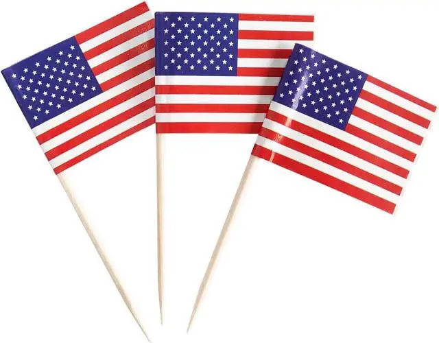 Main image of 100 Pack USA American Flag US Toothpick Flags, Cocktail Picks Mini Stick Cupcake Toppers Country Picks Party Decoration Celebration Cocktail Food Bar Cake Flags (American)