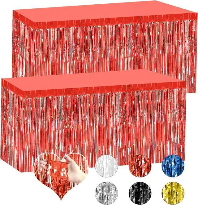 Main image of 2 Pack 29.5x108 Inch Red Foil Tinsel Fringe Table Skirts, Disposable Table Skirts for Rectangle Tables Curtains Backdrop Parade Wedding Floats Baby Shower Birthday Mardi Gras Party