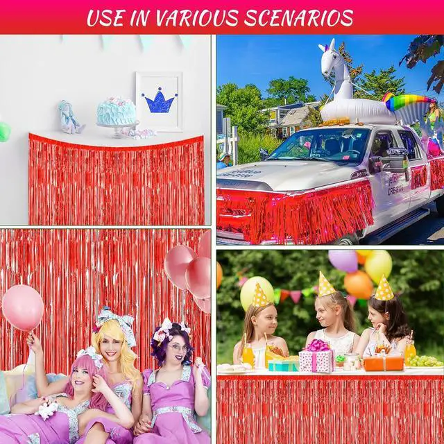 Alt view image 6 of 6 - 2 Pack 29.5x108 Inch Red Foil Tinsel Fringe Table Skirts, Disposable Table Skirts for Rectangle Tables Curtains Backdrop Parade Wedding Floats Baby Shower Birthday Mardi Gras Party
