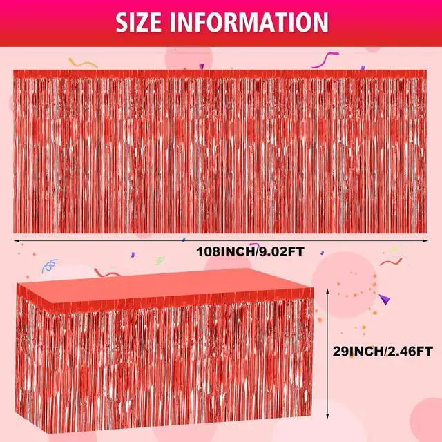 Alt view image 2 of 6 - 2 Pack 29.5x108 Inch Red Foil Tinsel Fringe Table Skirts, Disposable Table Skirts for Rectangle Tables Curtains Backdrop Parade Wedding Floats Baby Shower Birthday Mardi Gras Party