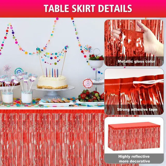 Alt view image 3 of 6 - 2 Pack 29.5x108 Inch Red Foil Tinsel Fringe Table Skirts, Disposable Table Skirts for Rectangle Tables Curtains Backdrop Parade Wedding Floats Baby Shower Birthday Mardi Gras Party
