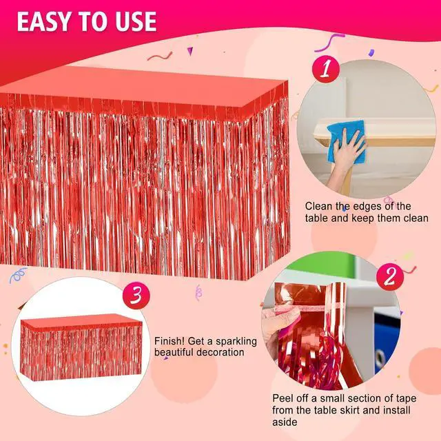 Alt view image 4 of 6 - 2 Pack 29.5x108 Inch Red Foil Tinsel Fringe Table Skirts, Disposable Table Skirts for Rectangle Tables Curtains Backdrop Parade Wedding Floats Baby Shower Birthday Mardi Gras Party