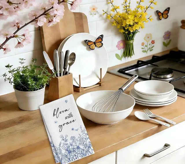 Alt view image 3 of 6 - Wildflower Tea Towels For Kitchen, Bloom With Grace Blue Floral Towel, 05 | Decorative Retro Flower Hand Dish Towels For Bathroom, Vintage Pretty Housewarming Gifts For Holiday Thanksgiving Christmas
