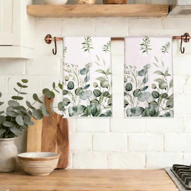 Alt view image 2 of 5 - Spring Summer Kitchen Towels 17x28 Inch,Eucalyptus Collect Watercolor Floral Dish Towels Bathroom Hand Towels for Drying (Set of 2)
