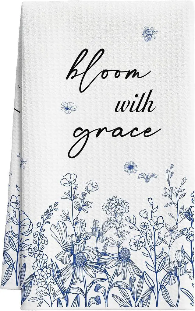Main image of Wildflower Tea Towels For Kitchen, Bloom With Grace Blue Floral Towel, 05 | Decorative Retro Flower Hand Dish Towels For Bathroom, Vintage Pretty Housewarming Gifts For Holiday Thanksgiving Christmas