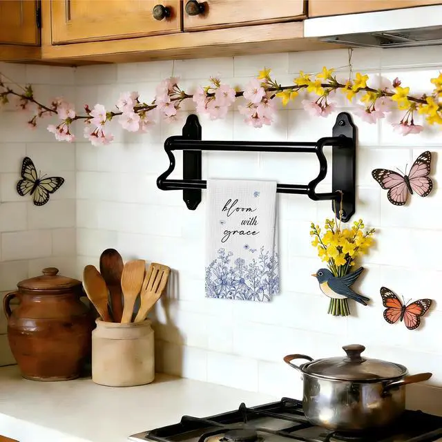 Alt view image 4 of 6 - Wildflower Tea Towels For Kitchen, Bloom With Grace Blue Floral Towel, 05 | Decorative Retro Flower Hand Dish Towels For Bathroom, Vintage Pretty Housewarming Gifts For Holiday Thanksgiving Christmas