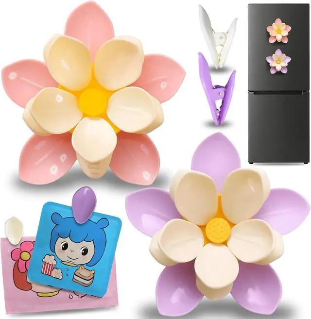 Main image of 2PCS Flower Fridge Magnets with Clips, 20 Petals Clips, Reusable and Multi-purpose for Snacks, Coffee, Pet Food, Cute Magnetic Flower Design for Fridge, Whiteboard, and Office Decor