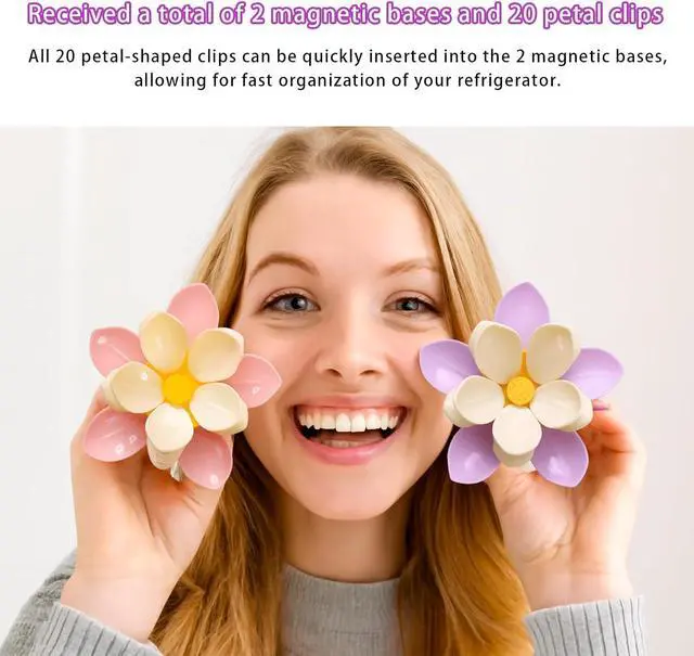 Alt view image 3 of 7 - 2PCS Flower Fridge Magnets with Clips, 20 Petals Clips, Reusable and Multi-purpose for Snacks, Coffee, Pet Food, Cute Magnetic Flower Design for Fridge, Whiteboard, and Office Decor
