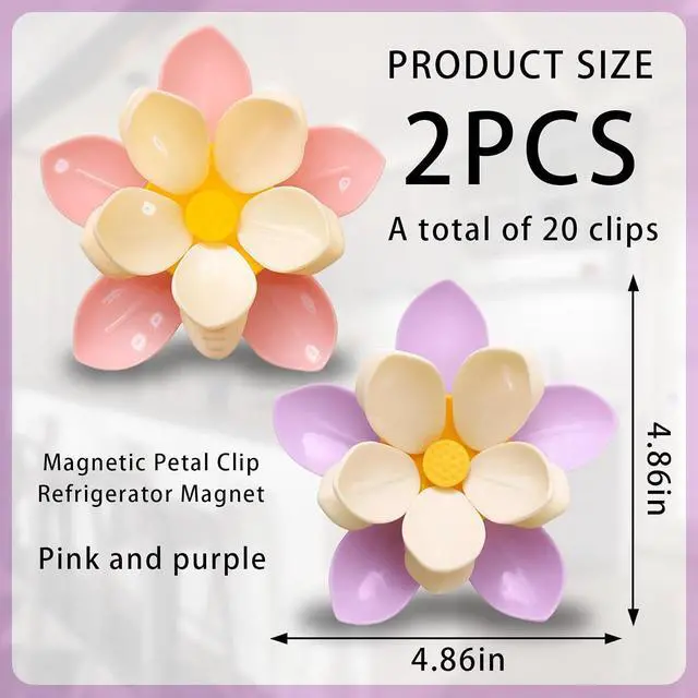 Alt view image 2 of 7 - 2PCS Flower Fridge Magnets with Clips, 20 Petals Clips, Reusable and Multi-purpose for Snacks, Coffee, Pet Food, Cute Magnetic Flower Design for Fridge, Whiteboard, and Office Decor