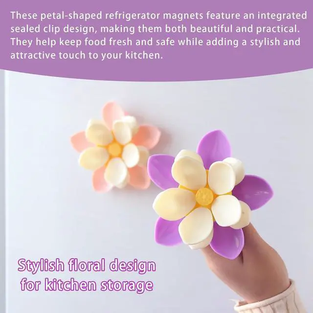 Alt view image 5 of 7 - 2PCS Flower Fridge Magnets with Clips, 20 Petals Clips, Reusable and Multi-purpose for Snacks, Coffee, Pet Food, Cute Magnetic Flower Design for Fridge, Whiteboard, and Office Decor