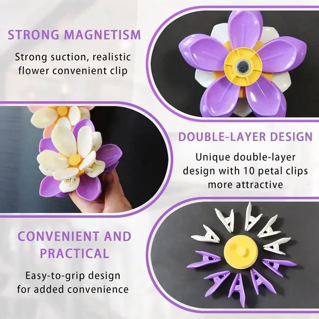 Alt view image 4 of 7 - 2PCS Flower Fridge Magnets with Clips, 20 Petals Clips, Reusable and Multi-purpose for Snacks, Coffee, Pet Food, Cute Magnetic Flower Design for Fridge, Whiteboard, and Office Decor