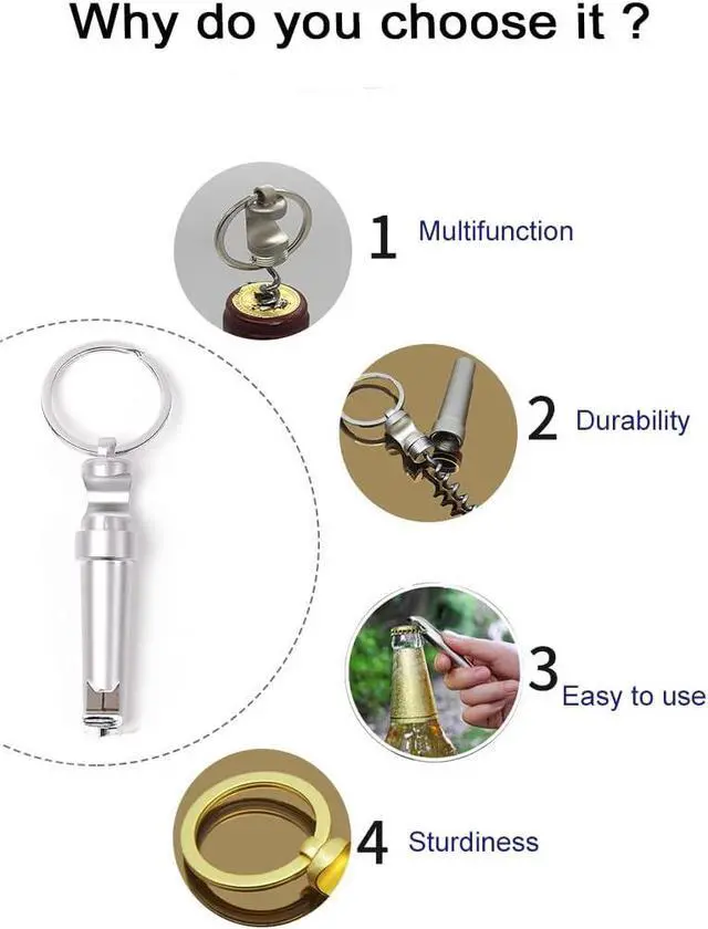 Alt view image 3 of 7 - Mini Keychain Corkscrew, Elegant 3 In 1 Portable Bottle Opener Wine Bottle Corkscrew Key Ring, Update Wine Beer Opener for Backpack Camping Kit Waiters (Silver)
