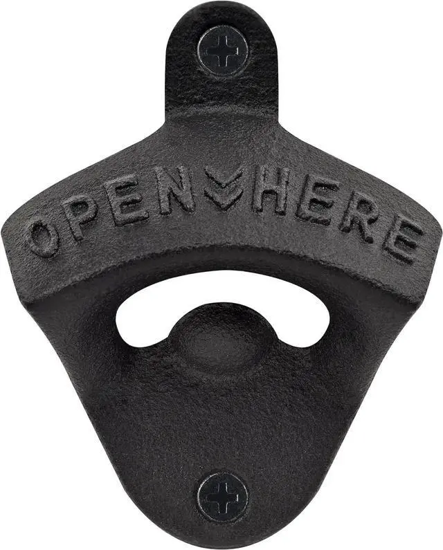 Main image of Cast Iron Beer Bottle Cap Opener Wall Mounted Black with Screws | Powder Coated, OPEN HERE Embossed, Mountable for Wooden Post Table Board Craft