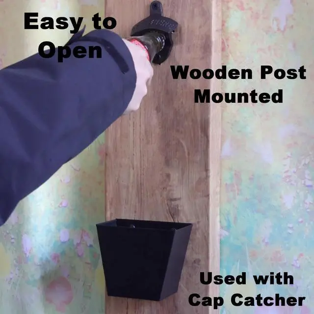 Alt view image 3 of 5 - Cast Iron Beer Bottle Cap Opener Wall Mounted Black with Screws | Powder Coated, OPEN HERE Embossed, Mountable for Wooden Post Table Board Craft