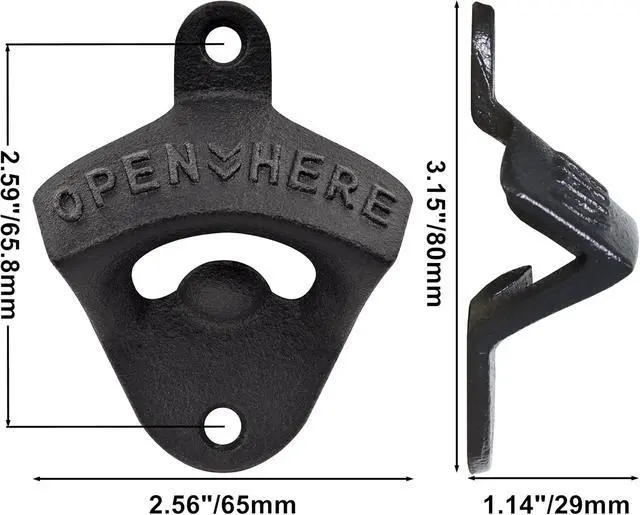 Alt view image 4 of 5 - Cast Iron Beer Bottle Cap Opener Wall Mounted Black with Screws | Powder Coated, OPEN HERE Embossed, Mountable for Wooden Post Table Board Craft