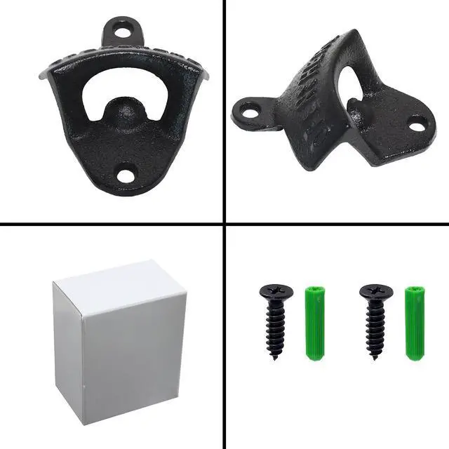 Alt view image 5 of 5 - Cast Iron Beer Bottle Cap Opener Wall Mounted Black with Screws | Powder Coated, OPEN HERE Embossed, Mountable for Wooden Post Table Board Craft