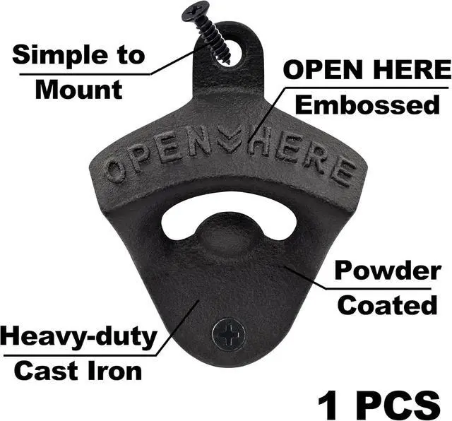 Alt view image 2 of 5 - Cast Iron Beer Bottle Cap Opener Wall Mounted Black with Screws | Powder Coated, OPEN HERE Embossed, Mountable for Wooden Post Table Board Craft