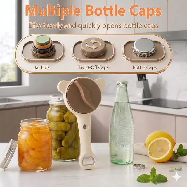 Alt view image 4 of 7 - 4-in-1 Jar Opener, Adjustable Bottle Lid Opener for Elderly and Arthritis Sufferers, Easy Grip for Weak Hands, Non-Slip, Effortless for Tight or Refrigerated Lids, Multi-Size for Jars Bottles(Beige)