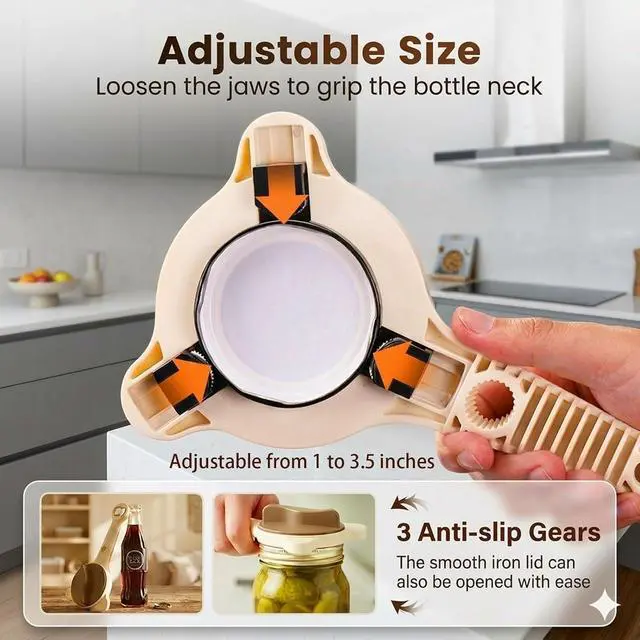Alt view image 6 of 7 - 4-in-1 Jar Opener, Adjustable Bottle Lid Opener for Elderly and Arthritis Sufferers, Easy Grip for Weak Hands, Non-Slip, Effortless for Tight or Refrigerated Lids, Multi-Size for Jars Bottles(Beige)