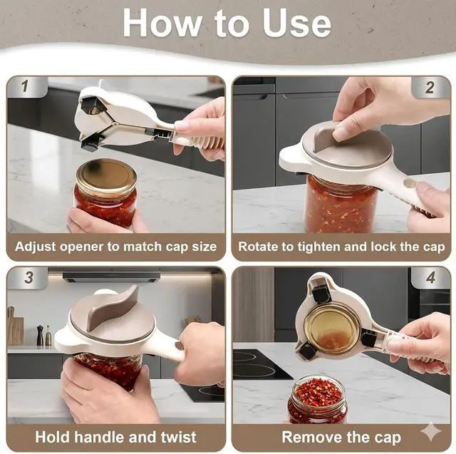Alt view image 7 of 7 - 4-in-1 Jar Opener, Adjustable Bottle Lid Opener for Elderly and Arthritis Sufferers, Easy Grip for Weak Hands, Non-Slip, Effortless for Tight or Refrigerated Lids, Multi-Size for Jars Bottles(Beige)