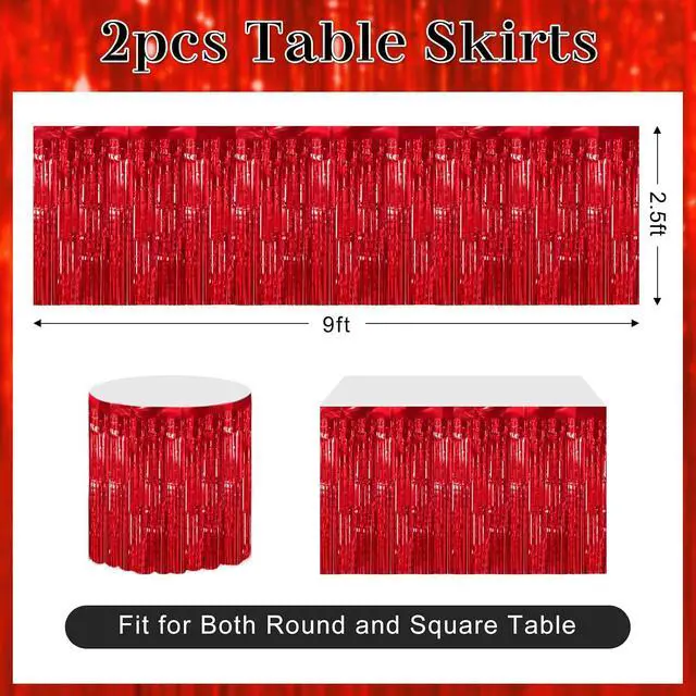 Alt view image 2 of 6 - timecity 2 Packs Red Table Skirts Metallic Foil Fringe Table Skirt Streamer Backdrop for Valention Day Birthday Wedding Engagement Bachelorette Christmas Celebration Party Decorations, 29.5x108 Inch