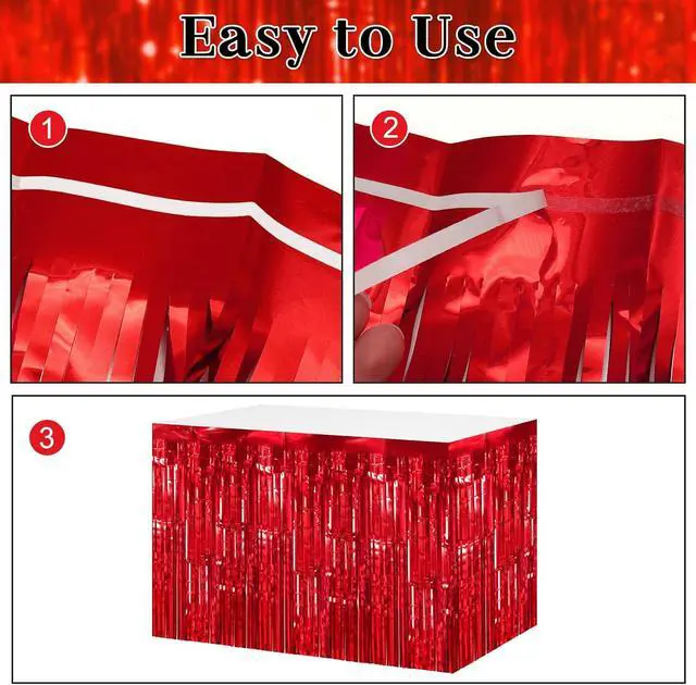 Alt view image 3 of 6 - timecity 2 Packs Red Table Skirts Metallic Foil Fringe Table Skirt Streamer Backdrop for Valention Day Birthday Wedding Engagement Bachelorette Christmas Celebration Party Decorations, 29.5x108 Inch