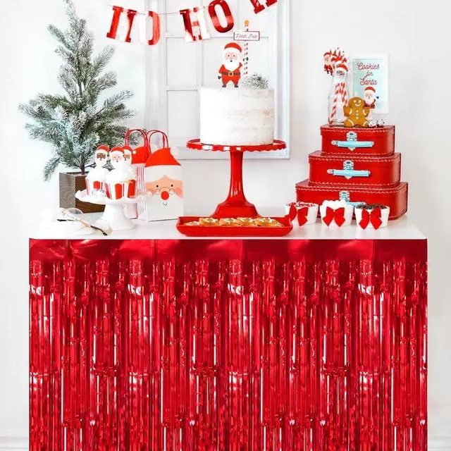 Alt view image 4 of 6 - timecity 2 Packs Red Table Skirts Metallic Foil Fringe Table Skirt Streamer Backdrop for Valention Day Birthday Wedding Engagement Bachelorette Christmas Celebration Party Decorations, 29.5x108 Inch
